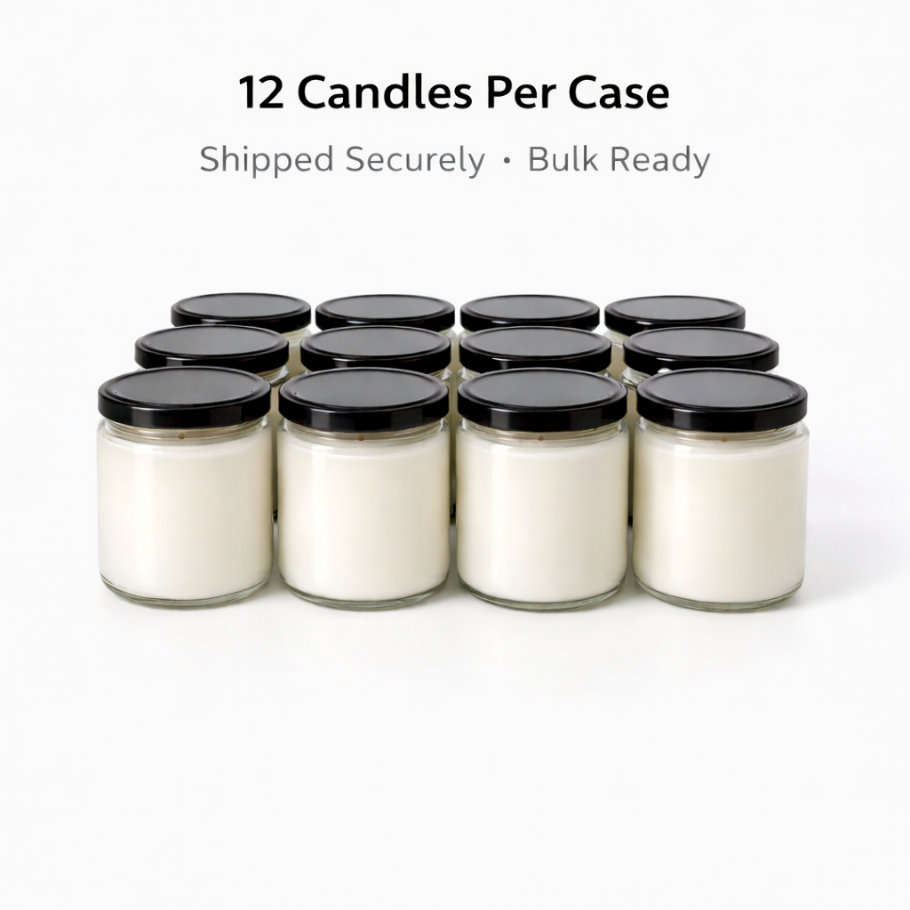 9 oz Bulk Candles- 12 Pack Clear Jar with Black Lid